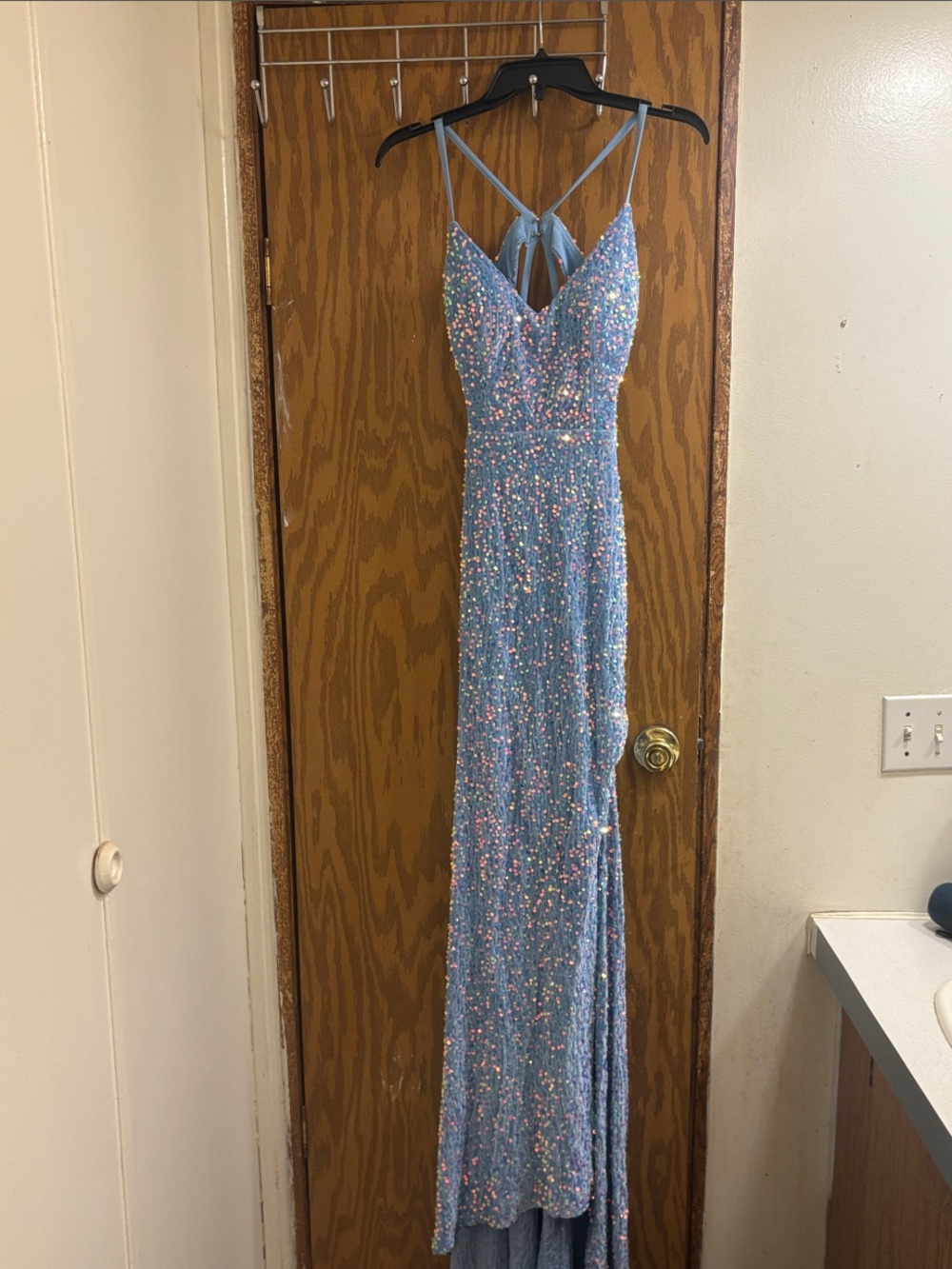 Sparkling Light Blue Sequin Evening Gown - Women